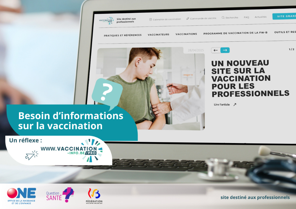 Image de l'écran d'un ordinateur qui montre la page d'accueil du site vaccination-info.be/pro.